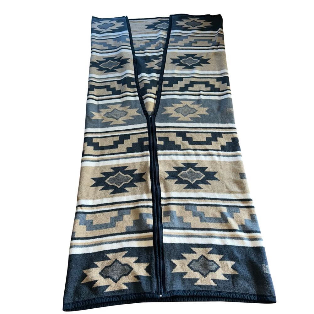 Vtg Biederlack blanket southwestern Aztec print zipper snaps cuddle wrap gray